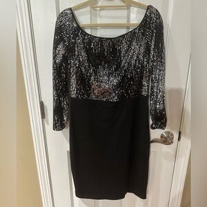 Venus Black/Silver Sequin Long Sleeve Dress - Knee Length - Size L